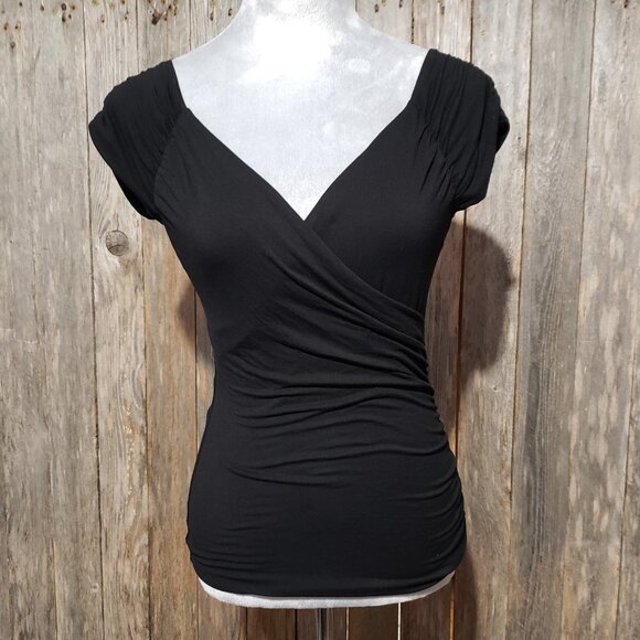 White House Black Market Tops - WHBM Women's XS Top Blouse Black V Neck Ruched Cap Sleeve Stretch Knit